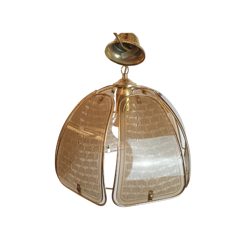 Vintage hanglamp glas metaal Lakro. Hele mooie hanglamp in vintage kleuren. Glazen kappen in een metalen frame gezet.